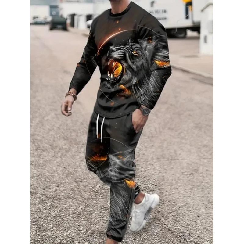 Men's Long-sleeved Set 3D Printed Lion Animal Pattern Fashion Casual Street Wear Crewneck Sweatshirt And Trousers Jogging Suit