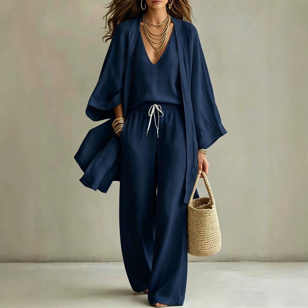 Women's Two-piece Outfit Set Three Quarter Sleeve Cardigan Top Elastic Waist Wide Leg Pants Linen Casual Lounge Set
