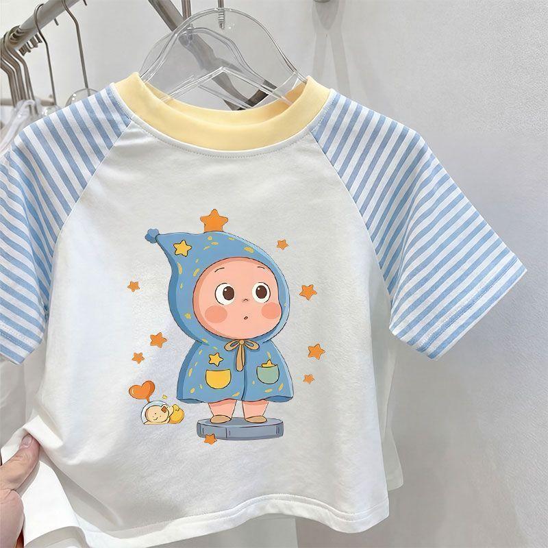Kids Summer Cotton Striped Patchwork Short Sleeve T Shirt Star Man Pattern Versatile Top For Boys And Girls 80