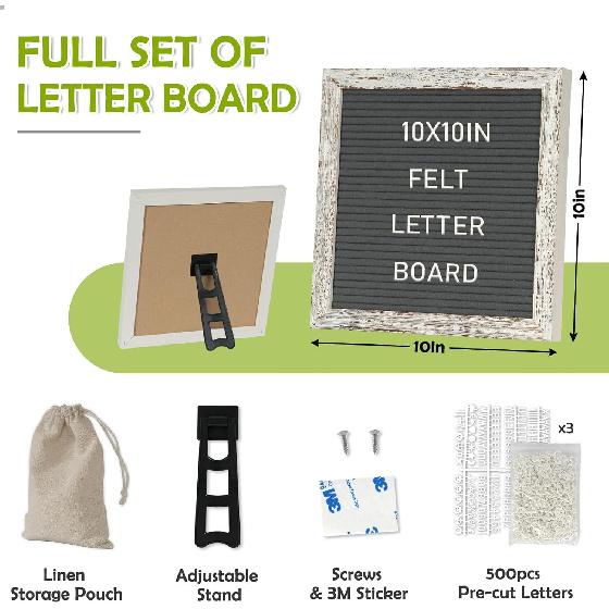 4 THOUGHT Letter Board Sign with 500 Letters 10" x 10" Felt Letter Board with Stand for First Day of School White Wooden Frame Message Board Vintage
