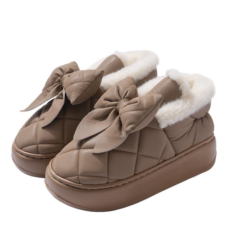 Warm edge outer wear bag heel cotton slippers women's winter warm velvet waterproof bow platform cotton shoes