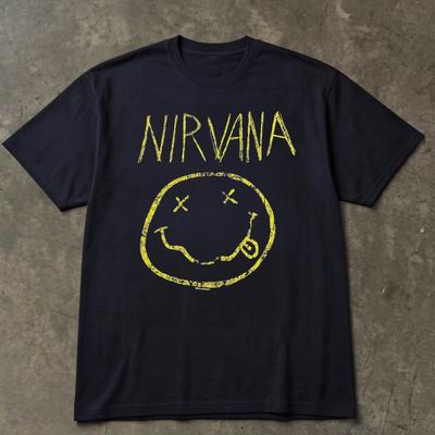 Czarny Koszulka Nirvana Smiley Vintage Styl lat 00 Minimalistyczny Y2K