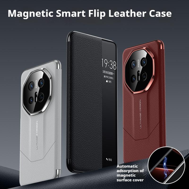 Genuine Leather Flip Cover Case For HUAWEI Mate 70 Pro RS Mate 60 Smart View Wake Sleep Call ID Display