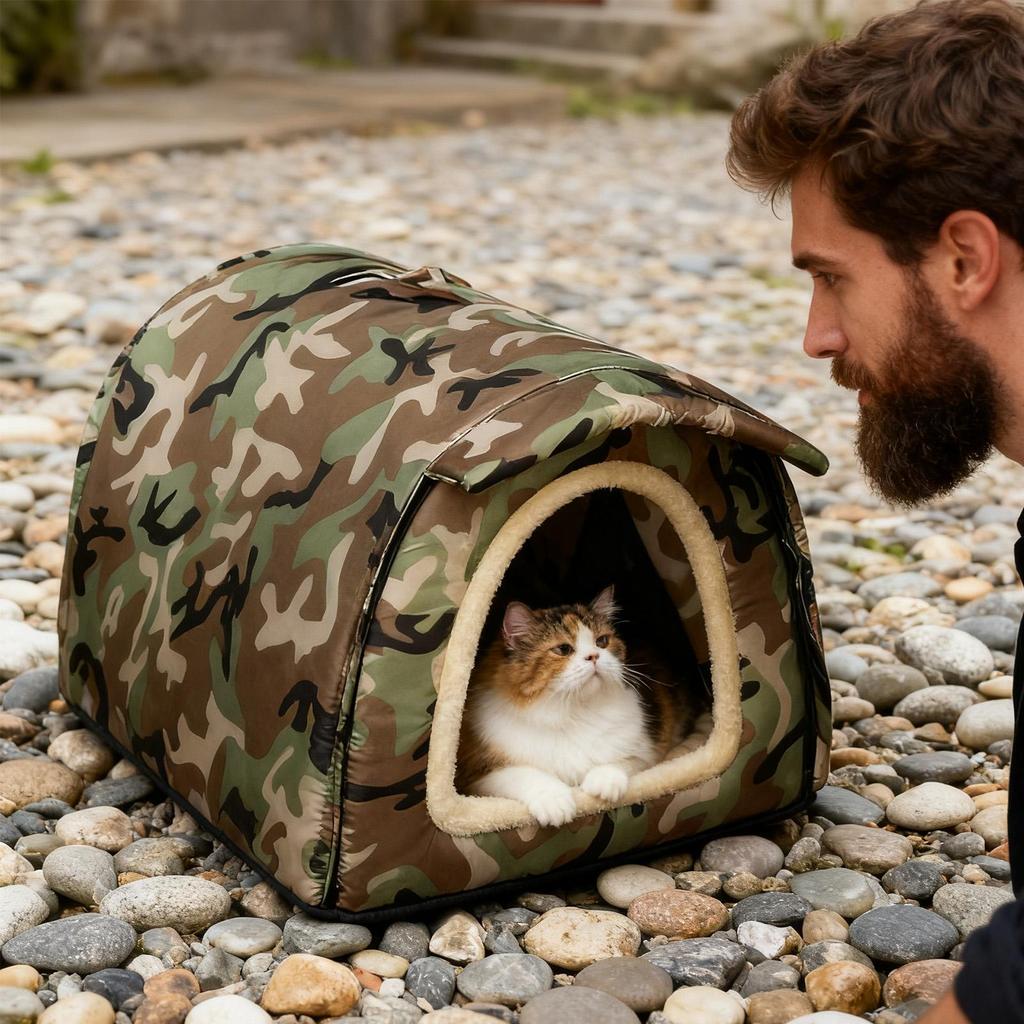 Outdoor Cat House Semi-enclosed With Door Curtains Moisture-proof Cat House Warm Tent Pet Supplies For Kitten Puppy Sleeping