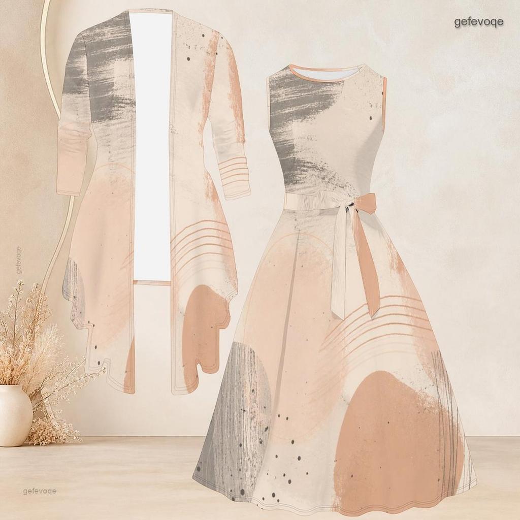 Women Plus Size Two Piece Outfit 3 4 Sleeve Open Front Cardigan Sleeveless Crew Neck Printed Tie Waist Flared Dress