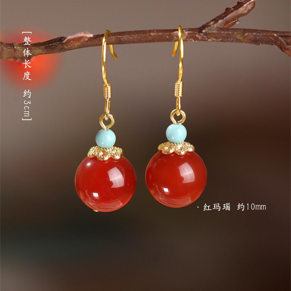 Jinhua Huaishan Natural Red Agate Earrings, Pure Silver Studs, Feng Shui Wealth-Attracting, New Chinese Style, Exquisite Earrings with a Sense of