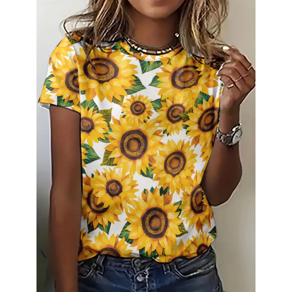 New women's 3D printed round neck pullover short sleeved loose casual comfortable T-shirt flower pattern versatile women's T-shirt