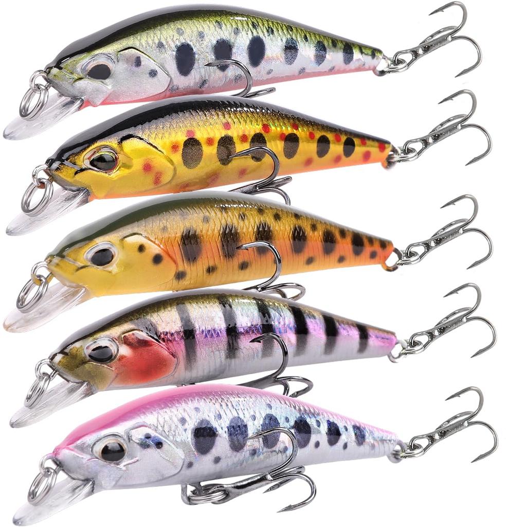Contyu Mountain Stream Trout Minnow Set of Slow 5 Dart Style Lure, 5, Sinking, Suspending, 50mm, 3.4g, Colors, (Color A, 5)