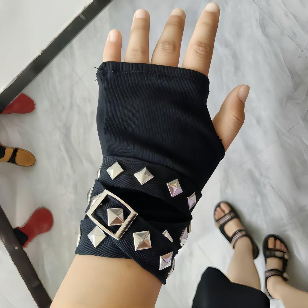 Black Rivet Strap Gloves with Buckle Straps Subculture Fingerless Gloves YK Hot Girl Gloves Wasteland Style Accessories