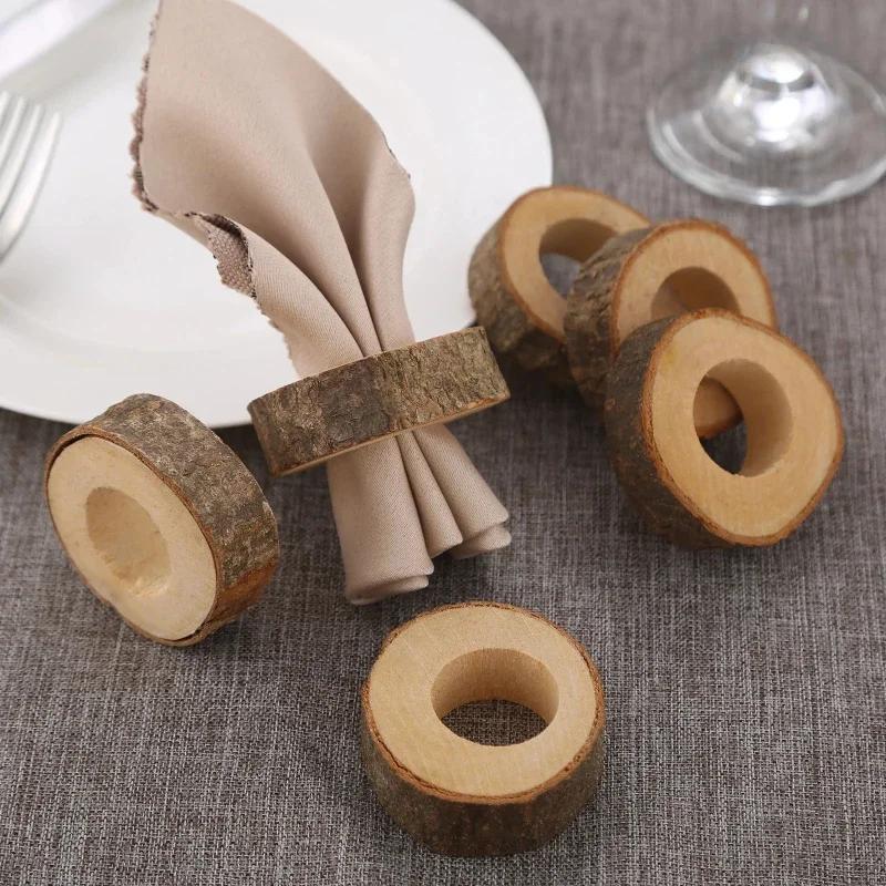 6-30PCS Rustic Wooden Napkin Rings Handmade Bark Log Craft Table Decoration for Wedding Dinner Party and Home Decor Accessories