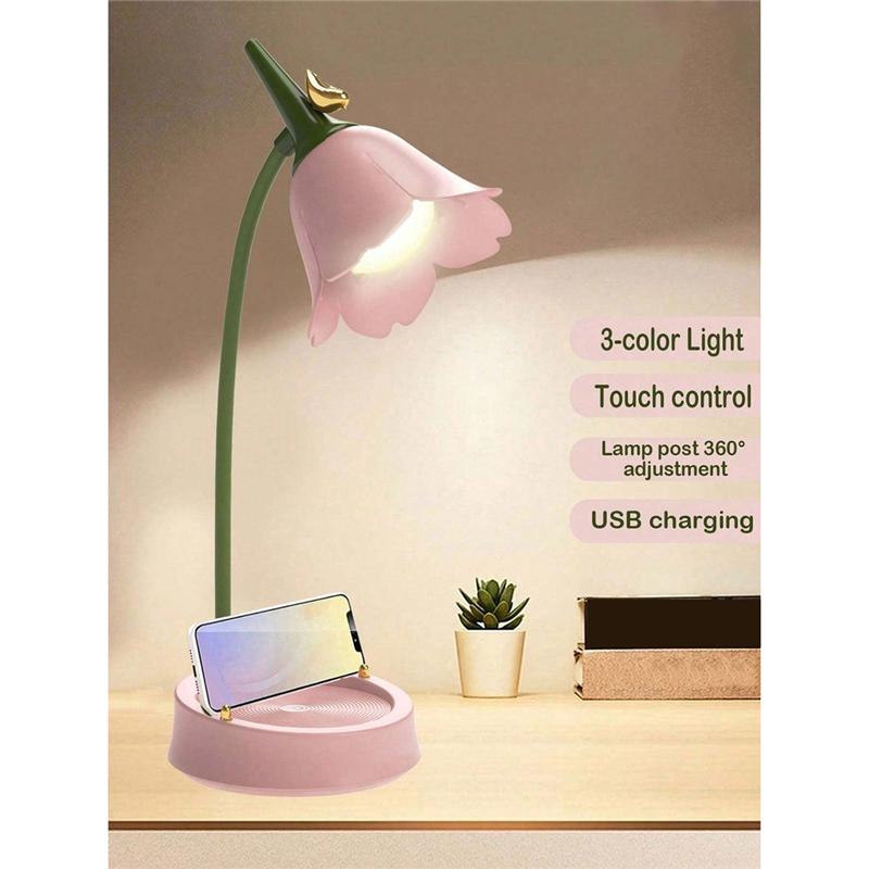 ABWR-Pink Flower LED Table Lamp Cute Adjustable Touch Rechargeable Battery Night Light For Dorm Reading Light
