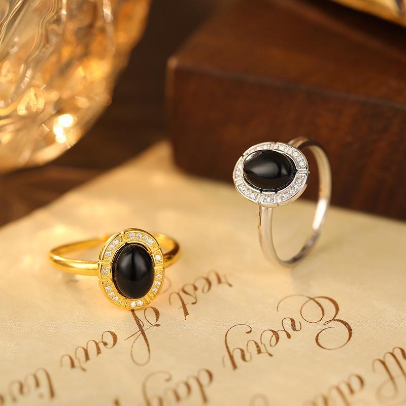 Banyanbaum S925 Silber Schwarzer Achat Ovalring, Europäisches Retro-Design für Frauen.