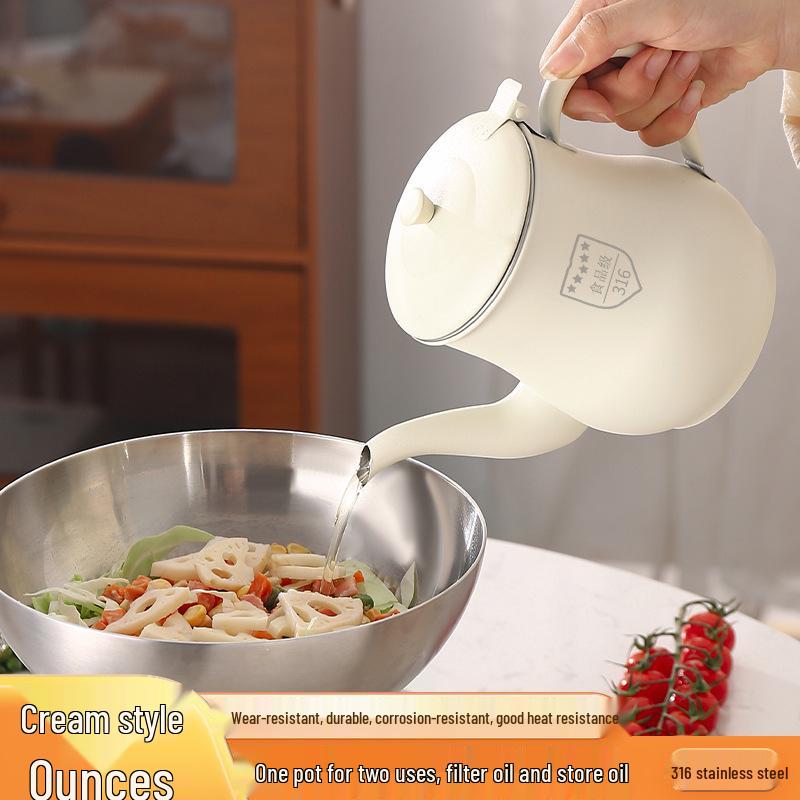 

Non-Drip Stainless Steel Oil Pot with Lid & Strainer, Milk White Finish for Kitchen Use