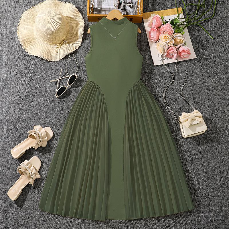 Girls' Fashionable Dress for Summer, Children's Elegant Solid-color Stand-up Collar Pleated Sleeveless Long Dress