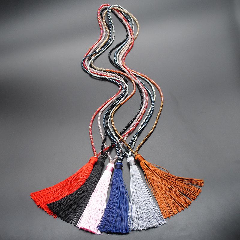 Velvet Thread & Crystal Beaded Tassel Necklace: 10-Color Handmade Women's European & American Long Chain Jewelry