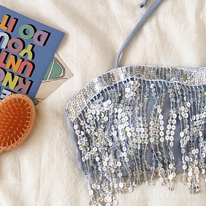 Shiny Glitter Bikini Set Women Sexy Bandeau Push Up Sequin Tassel Swimsuit 2024 Ladies Beach Bathing Suit High Waist Swimwear