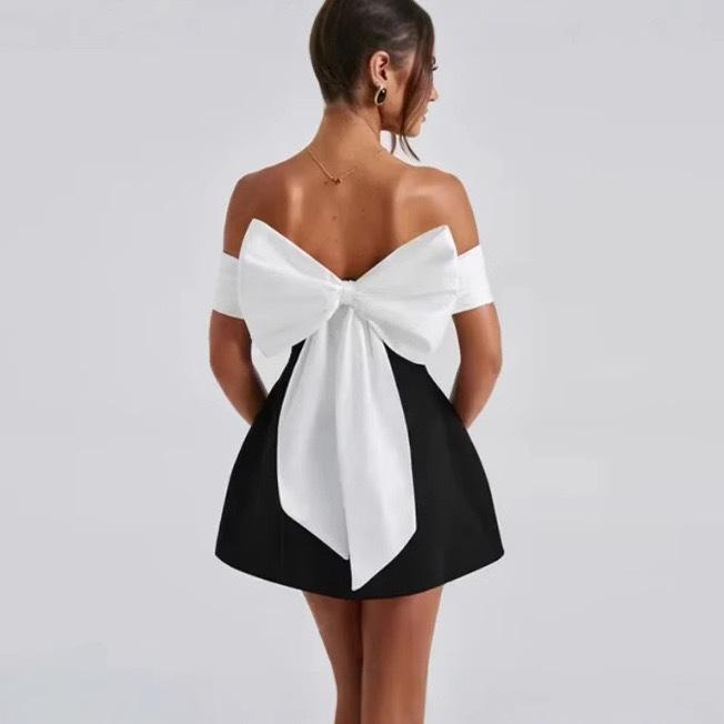 European & American Style Black & White Asymmetrical Bow Dress - Trending INS Influencer Fashion for Women