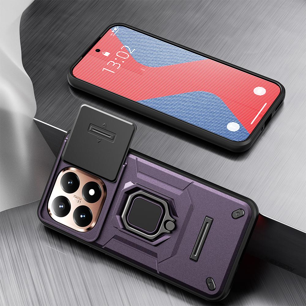 KEYSION Shockproof Armor Case for Xiaomi 15T Pro 5G Slide Camera Protection Metal Ring Stand Phone Back Cover for Xiaomi 15T 5G