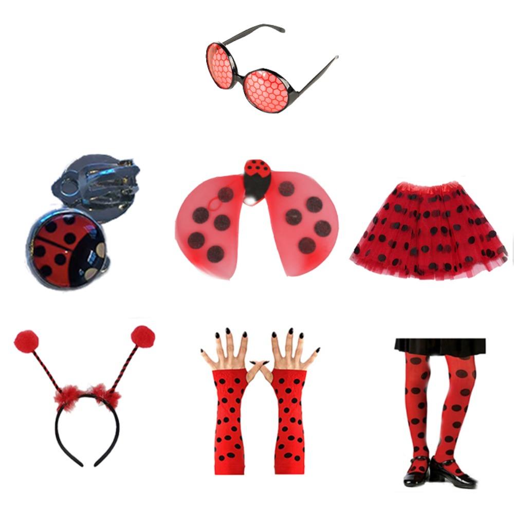 PESENAR Ladybug Costume Accessories Tutu Skirt Ladybug Wings Antenna Headband Striped Knee Thigh High Socks Party Favor