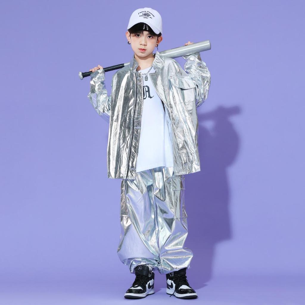 Children's Shiny Silver Leather Hip Hop Set for Stage Shows and Street Dance Performances.