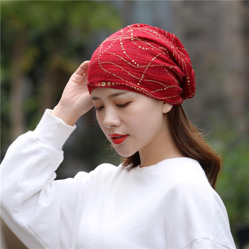 Women Summer Lace Rhinestone Breathable Sunscreen Sun Hat Female Spring Autumn Windproof Warm Confinement Cap Headscarf W54