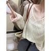 Spring and Summer Women's Hollow V-neck Knitted Shirt Long Sleeved Loose Slimming Cover Shirt for Women