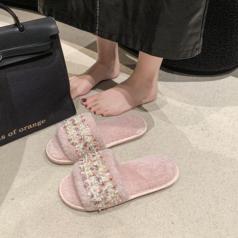 Casual flat-bottomed velvet one-word cotton slippers 2025 new autumn and winter fashion versatile home fluffy slippers women