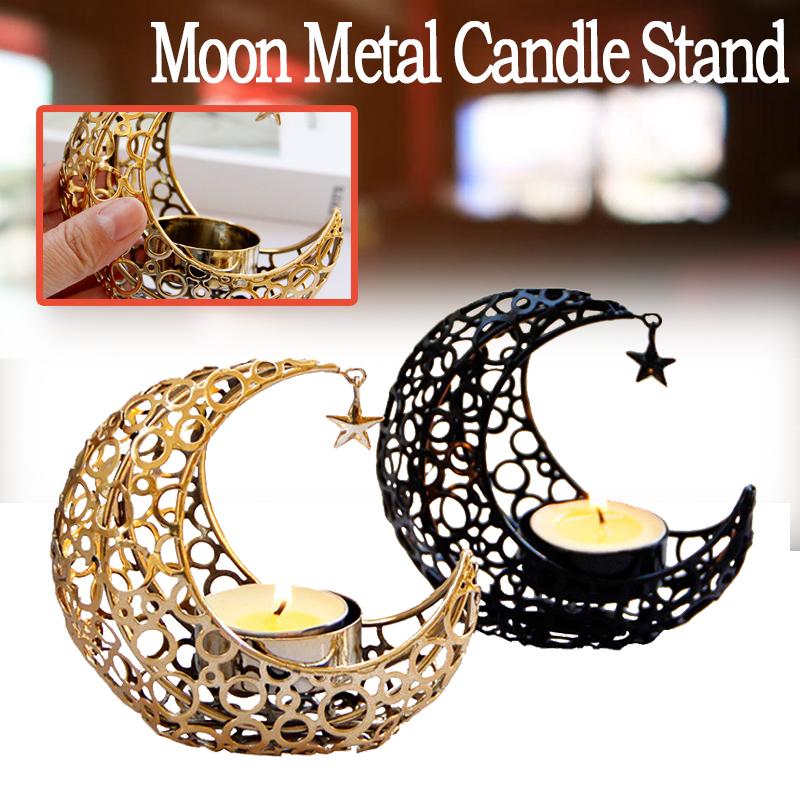 Eid Mubarak Ramadan Metal Candlestick Moon Shaped Candle Holder Home Desktop Ornament for Bedroom Showcase Living Room