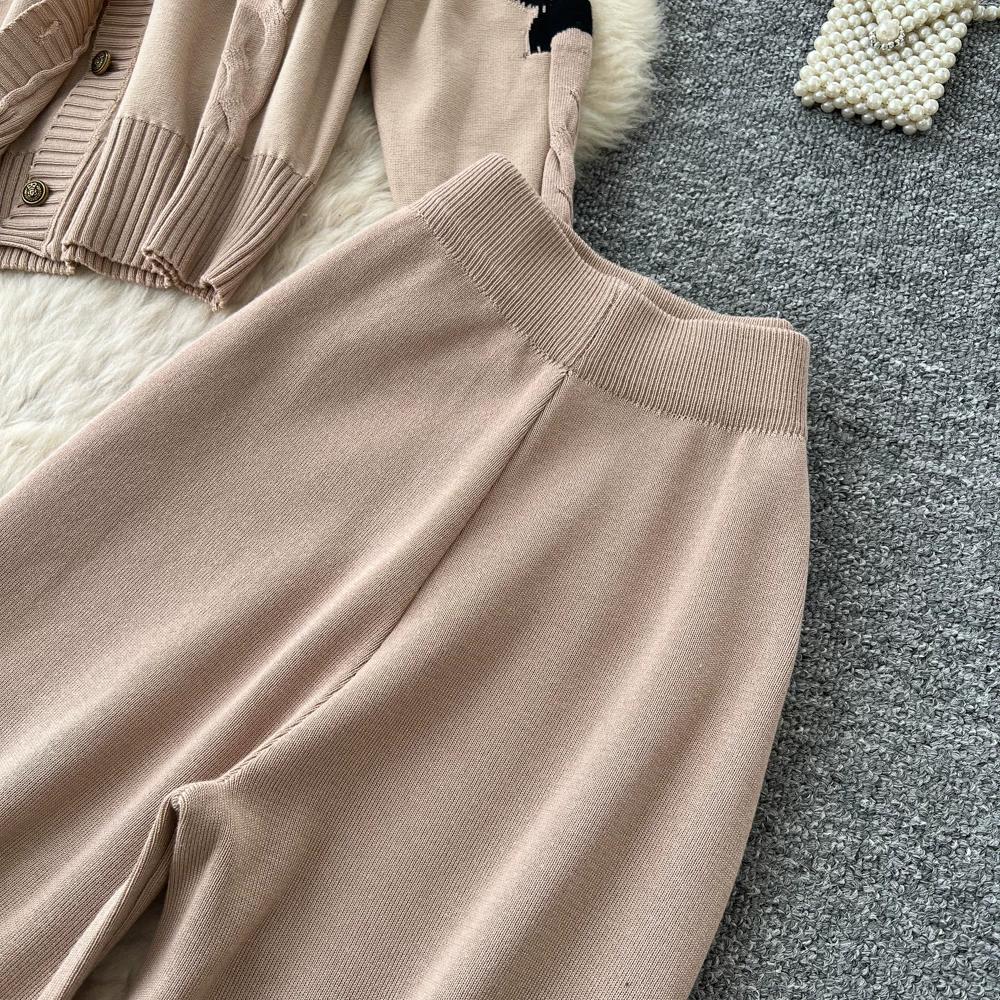 Autumn Winter Sweet Bow Jacquard Sweater and Pants Two-Piece Set Women's Knitted Cardigan High-Waisted Wide-Leg Pants Suits