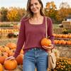 Women's Long Sleeve Square Neck Knit Top for Casual Wear