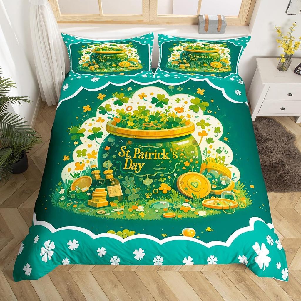 St.Patrick'S Day Duvet Cover Twin Queen Lucky Clover Leaves Bedding Set For Boys Girls Cartoon Comforter Cover With 2 Pillowcase