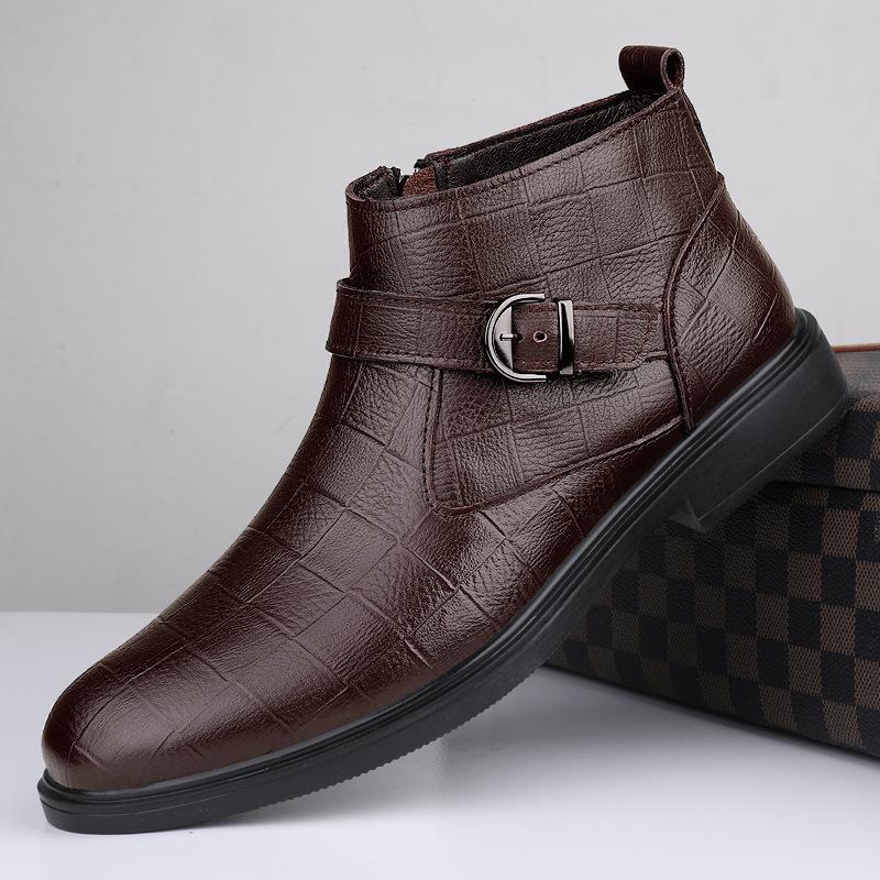 Men's British Style Mid-High Top Layer Cowhide Martin Boots, Autumn/Winter Leather, Plus Velvet, Zipper Short Boots