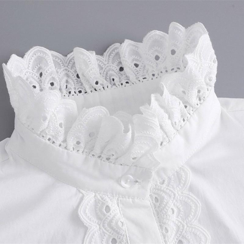 Womens Detachable Fake Collar White Blouses Half Shirt Elegant Ruffled Lace Patchwork French Style Neckwear Accessory