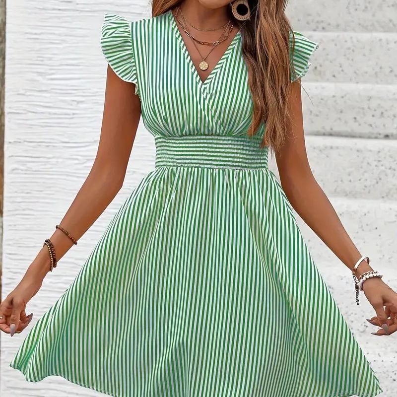 Summer Women loose Beach Sundress stripe Dress Ruffle Sleeve Sweetheart Pleated Mini Dress Elegant black dresses