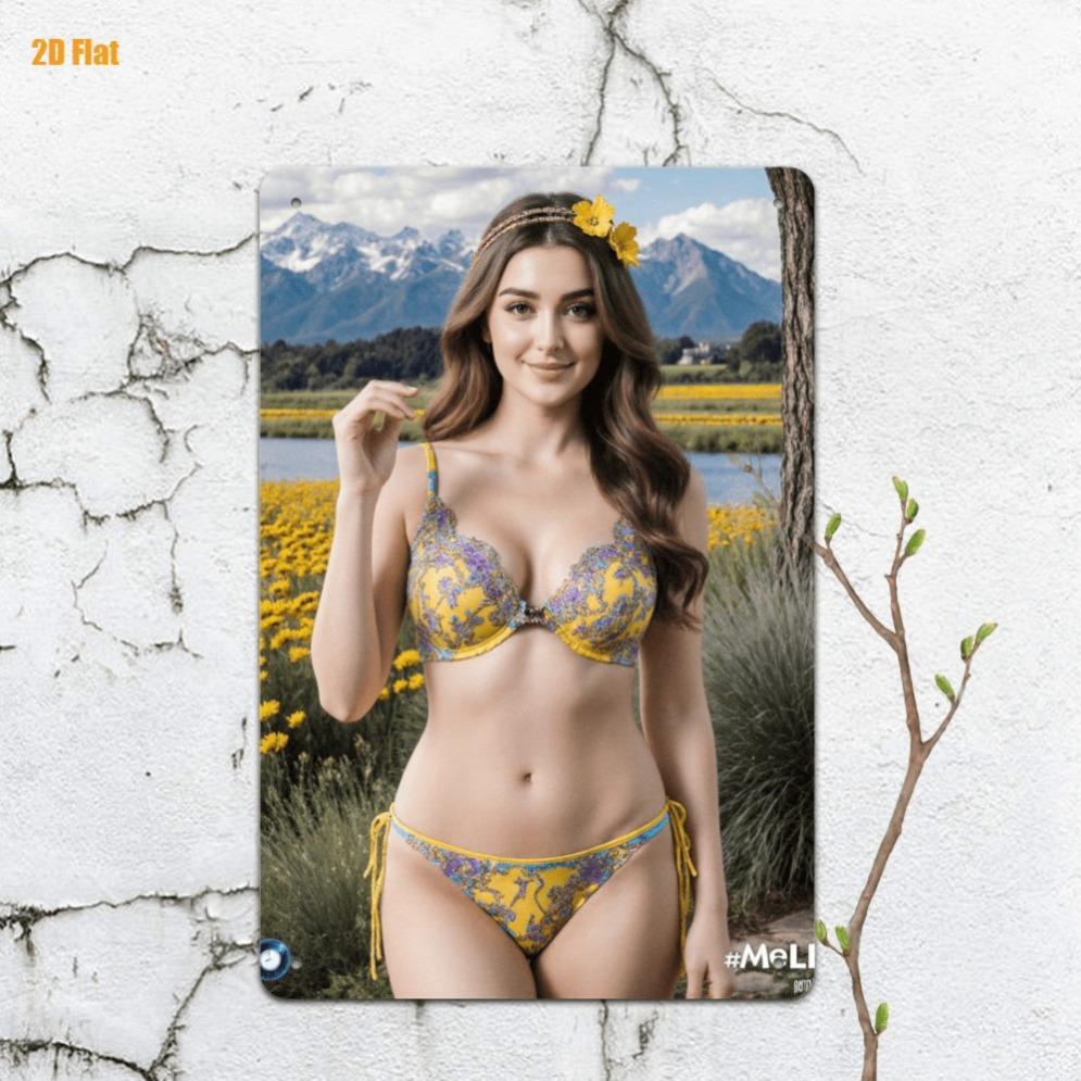 Vintage Metal Wall Decor Yellow Floral Bikini Girl Brava Beach Scene - Iron Summer Poster Home Decoration Mediterranean Co