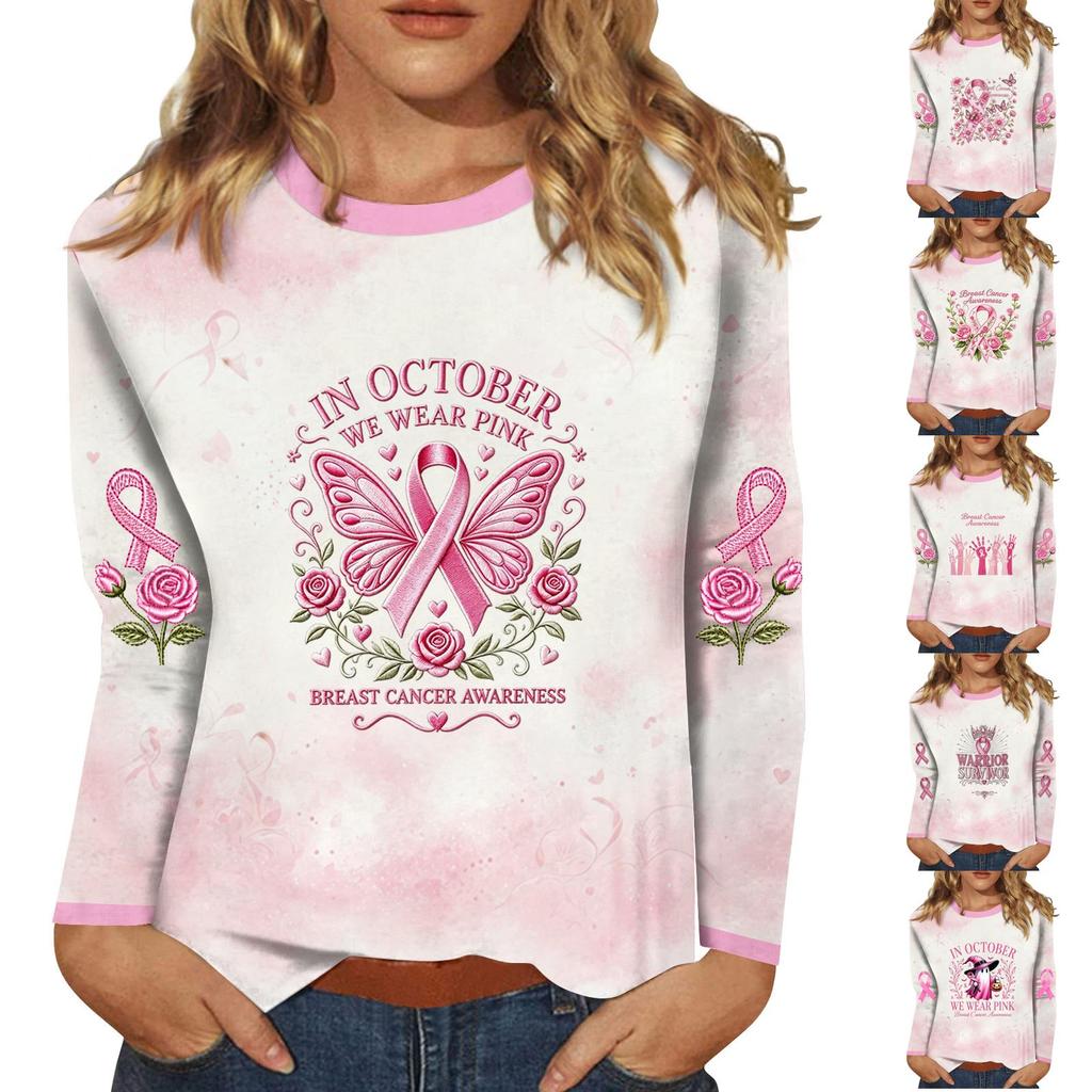 Women's Fashion Casual Long Sleeve Neck Top with Breast Ribbon Print for Support