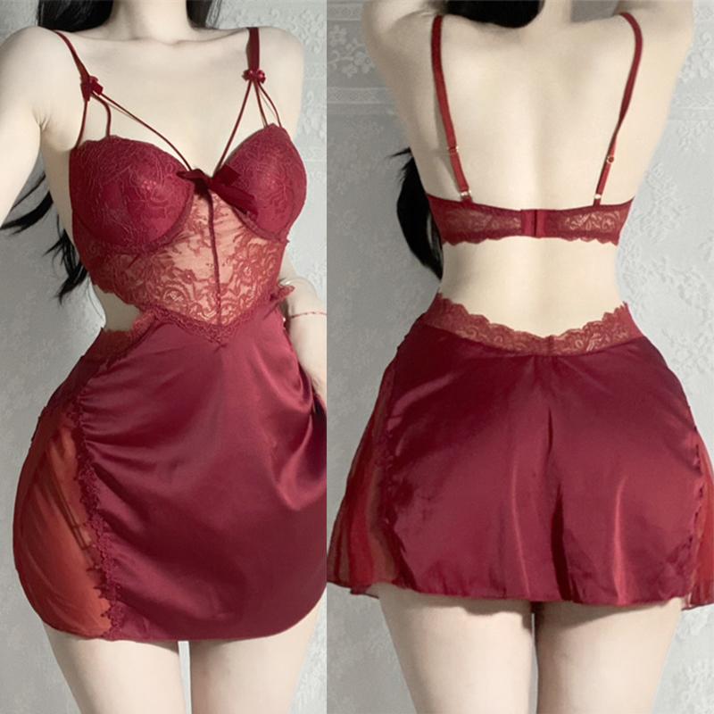 Sexy Spitze 2-teiliges Robe Pyjama Set Rückenfreies Hosenträger Nachthemd Unterwäsche Frühling Sommer Satin Pyjamas Lose Home Wear