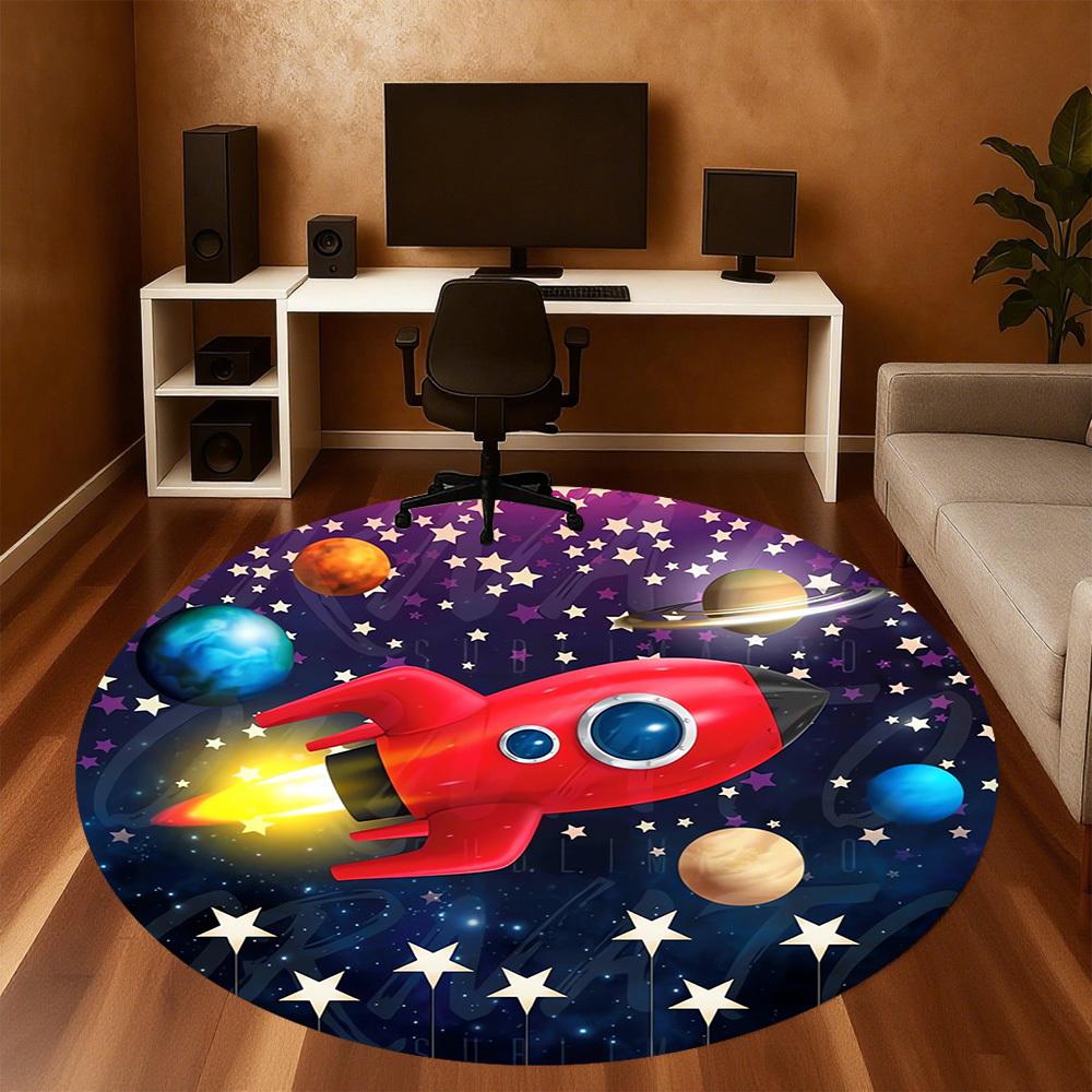 1pc Rocket Galaxy Round Chair mat Area Rug - Non-Slip, Floor Mat for Office, Bedroom, home decor Christmas Gift p0811130