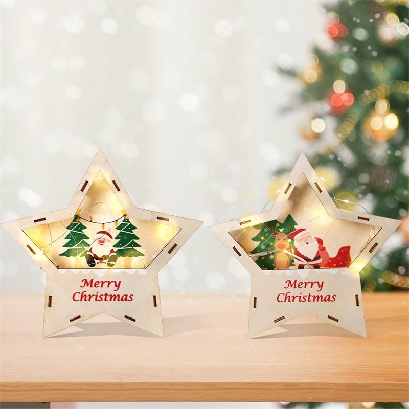 Wooden LED Five Point Star Christmas Tabletop Decor Light Up Night Lamp Holiday Centerpiece For Kids Home Desk Display Cozy Gift