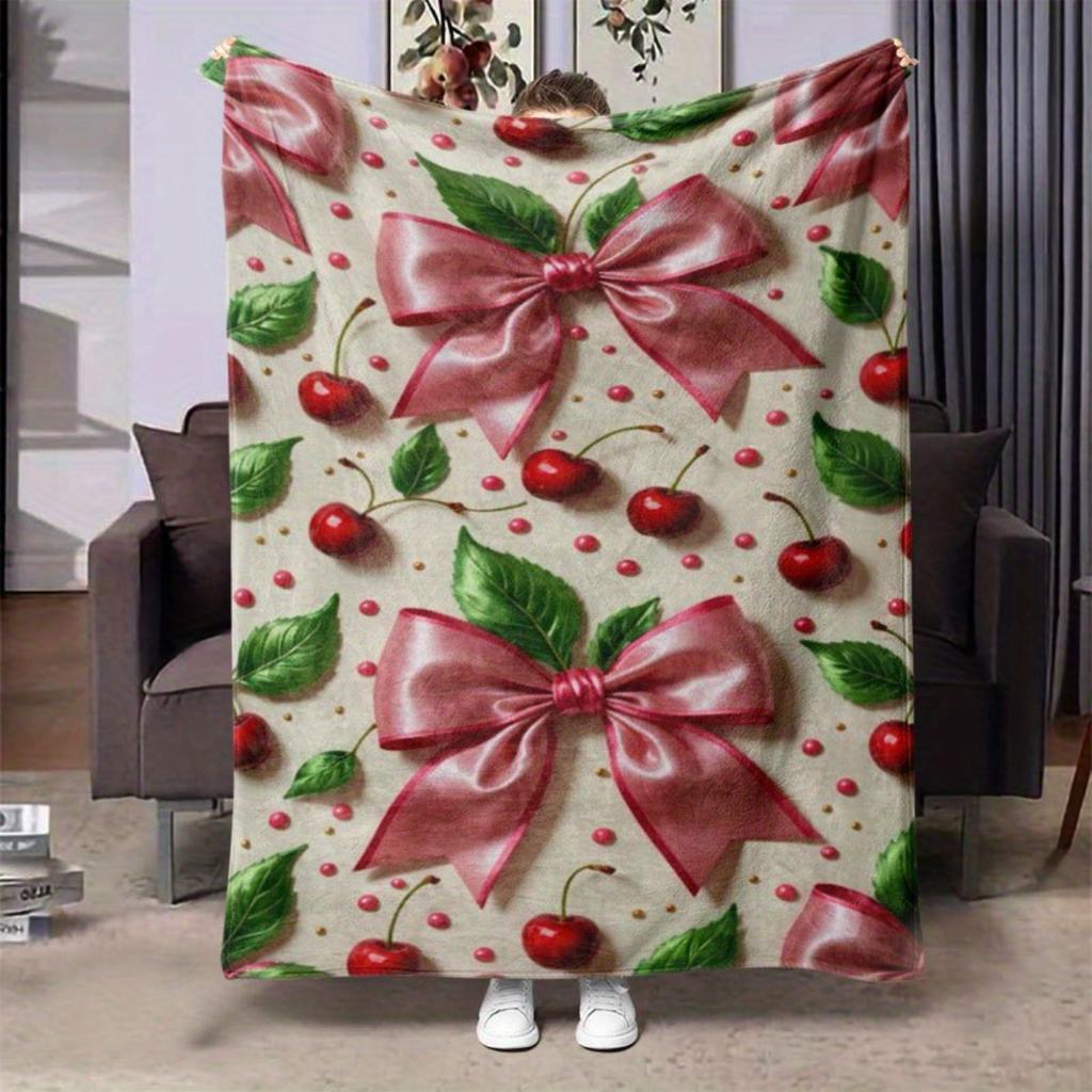 Cherry bow pattern flannel blanket soft and warm suitable for sofas beds chairs camping and as a holiday gift for family