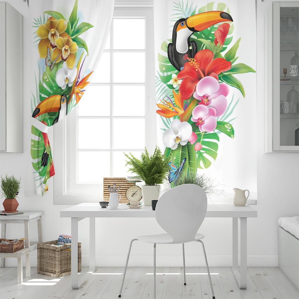 Tier Zaunkönig Vogel Tropische Blume Fenster Vorhänge Heimdeko Wohnzimmer Vorhänge Küchenvorhänge Paneelvorhänge für Schlafzimmer