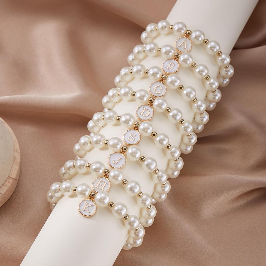 Elegant Women's Alphabet Pearl Bracelet with Enamel Initial Charm