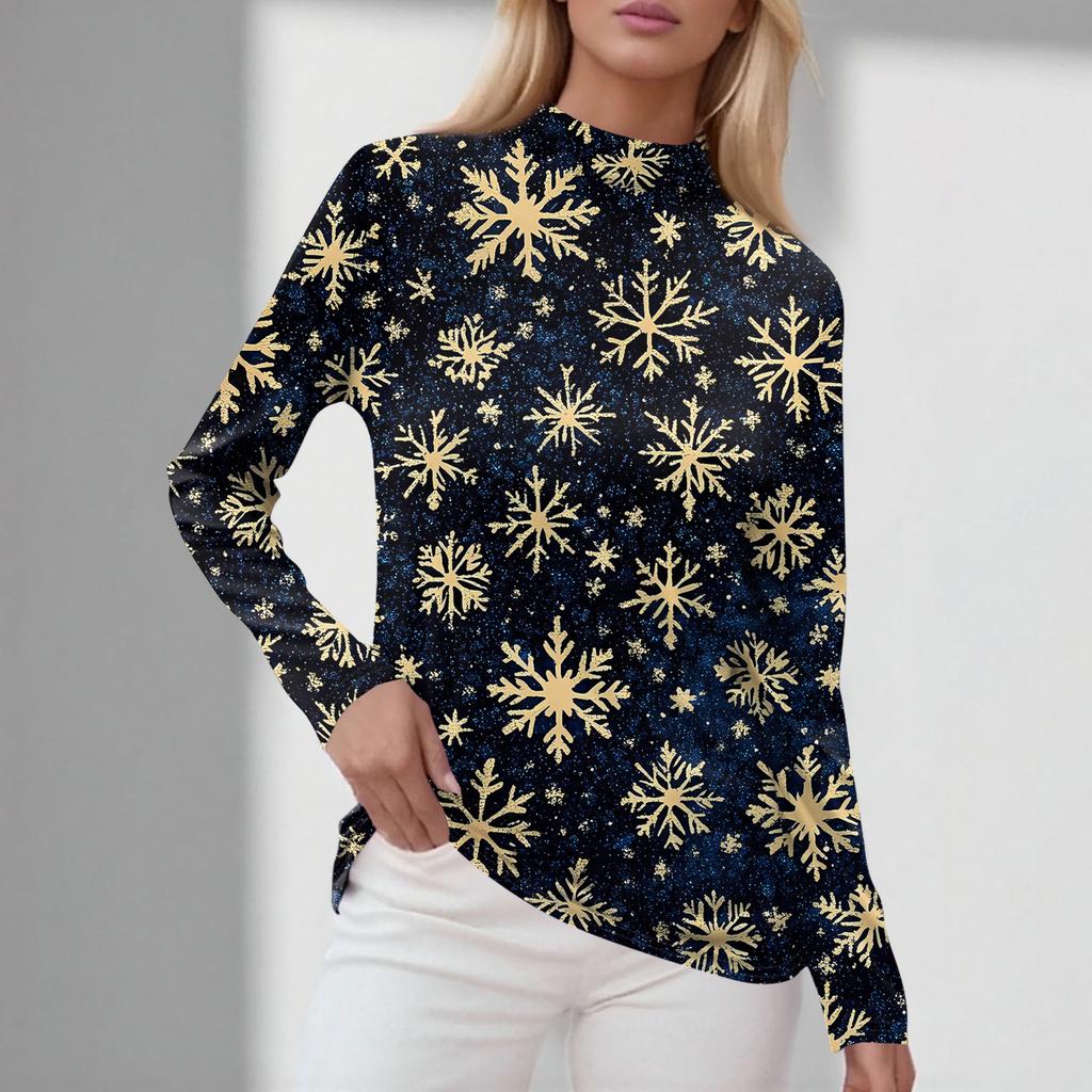 Damen Herbst Casual Langarmshirts Sweatshirt Vintage Bedrucktes High Neck Top Pullover