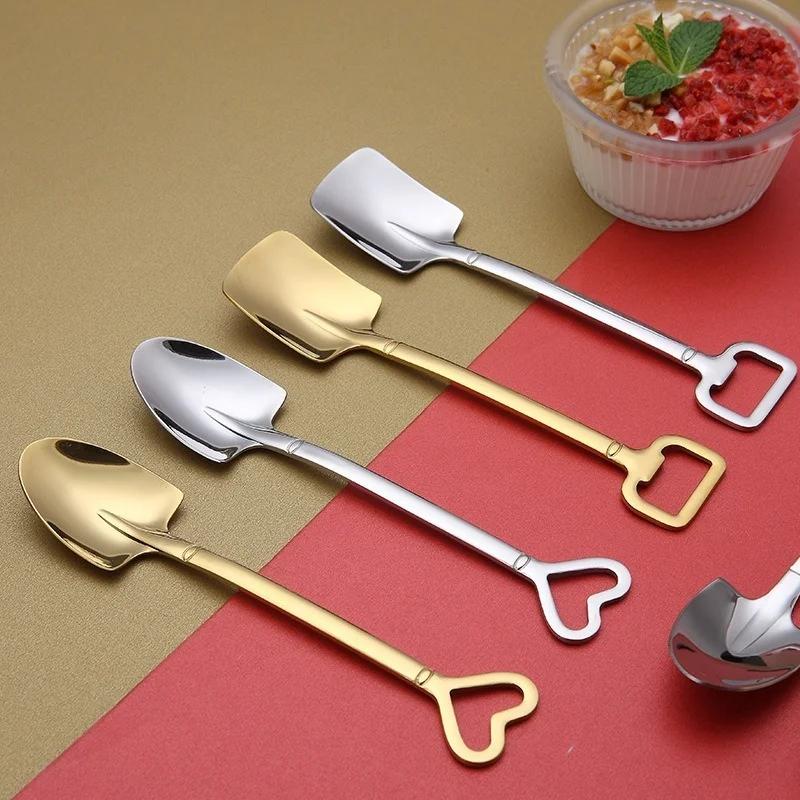 1Pc Spade Spoon Stainless Steel Creative Retro Dessert Spoon Watermelon Square Shovel Ice Cream Heart Shape Spoon Bottle Opener