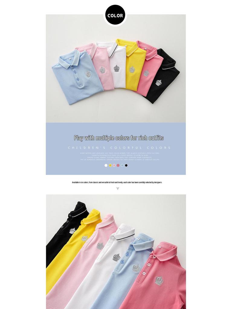 Children's Summer Polo Shirt, Short-Sleeved Pique Cotton, Turn-Down Collar, School Uniform, Boys & Girls' Clothing