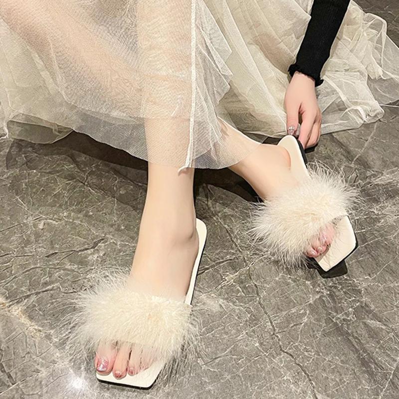 Lucyever Blue Summer Flat Fur Slipper Women 2025 Soft Bottom Non Slip Slides Shoes Woman Fashion Square Toe Fluffy Slippers