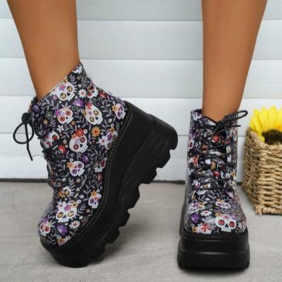 Botas Martin de couro PU de cano alto de inverno para mulheres, botas de caveira com cadarço de tamanho grande e fundo grosso, 35-43