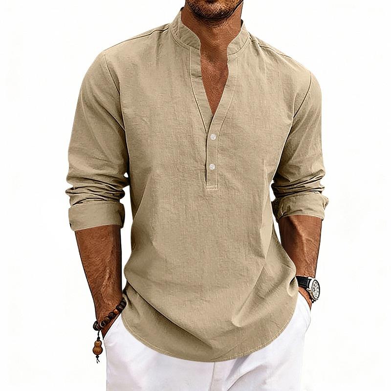 Nueva Colección de Lino de Otoño: Camisa Henley Casual para Hombre, de Corte Holgado y Transpirable, con Cuello en V
