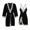 Women's Velvet Lace Warm Low Cut Sleep Dress with Robe Lounge Set