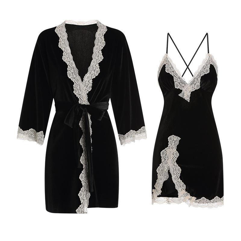 Women's Velvet Lace Warm Low Cut Sleep Dress with Robe Lounge Set
